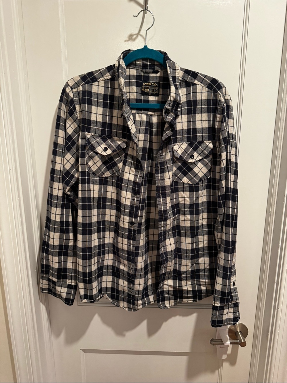 United By Blue Navy and White Check Plaid Shirt with Teal Trim